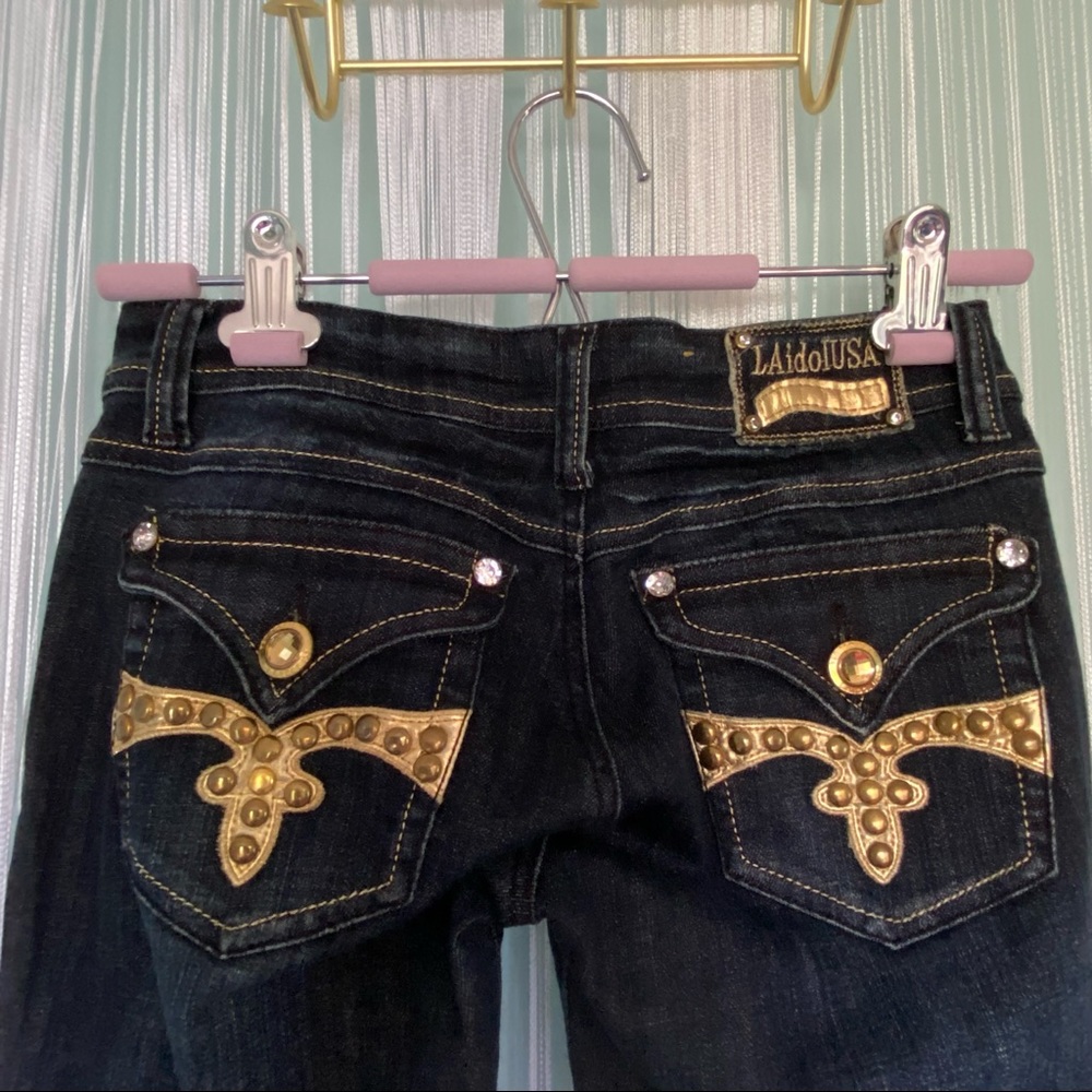 Dark Blue Slim Fit Jeans with Diamond gemstones and Gold Studs Size 1